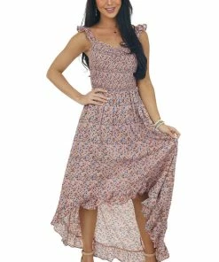 Hailey & Co Dresses Dusty Rose Floral Smocked High Low Dress