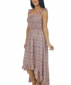 Hailey & Co Dresses Dusty Rose Floral Smocked High Low Dress