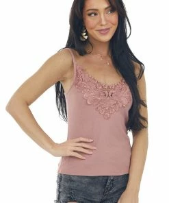 Listicle Dusty Rose Lace Embroidery Ribbed Tank Top Tops