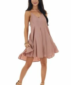 Entro Dusty Rose Large Pleat Sleeveless Cami Dress With V Neck Dresses