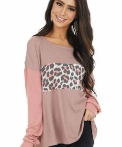 HOPELY Tops Dusty Rose Leopard Print Colorblock Long Sleeve Top