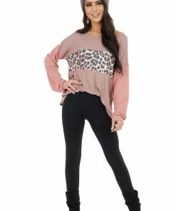 HOPELY Tops Dusty Rose Leopard Print Colorblock Long Sleeve Top