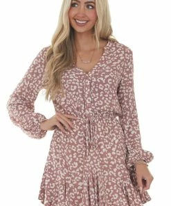 Illa Illa Dresses Dusty Rose Leopard Print Long Sleeve Dress