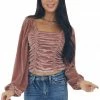 She + Sky Dusty Rose Long Puff Sleeve Ruched Velvet Top 1 She + Sky Dusty Rose Long Puff Sleeve Ruched Velvet Top