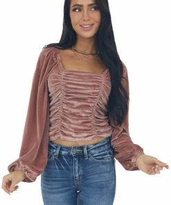 She + Sky Dusty Rose Long Puff Sleeve Ruched Velvet Top