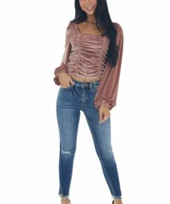 She + Sky Dusty Rose Long Puff Sleeve Ruched Velvet Top