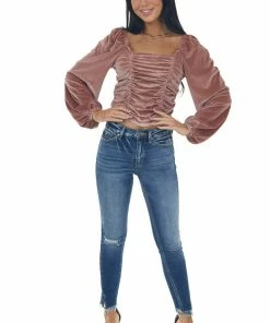 She + Sky Dusty Rose Long Puff Sleeve Ruched Velvet Top