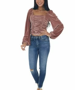 She + Sky Dusty Rose Long Puff Sleeve Ruched Velvet Top