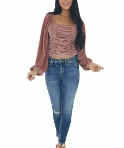 She + Sky Dusty Rose Long Puff Sleeve Ruched Velvet Top