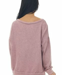 143 Story Dusty Rose Mineral Wash Lightweight Long Sleeve Sweatshirt Tops
