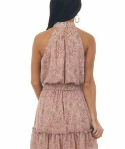 Sweet Lemon Dusty Rose Paisley Print Halter Neck Woven Dress Dresses