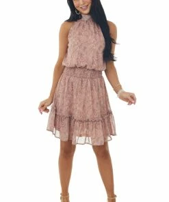 Sweet Lemon Dusty Rose Paisley Print Halter Neck Woven Dress Dresses