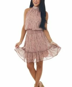 Sweet Lemon Dusty Rose Paisley Print Halter Neck Woven Dress Dresses