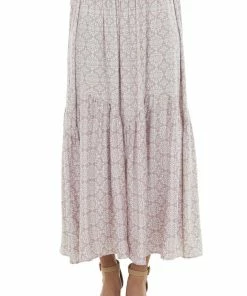 Ces Femme Dusty Rose Printed Tiered Woven Maxi Skirt Bottoms