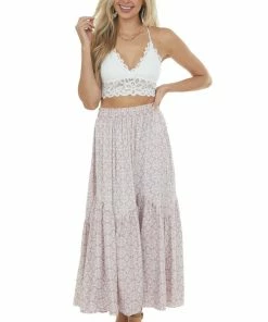 Ces Femme Dusty Rose Printed Tiered Woven Maxi Skirt Bottoms