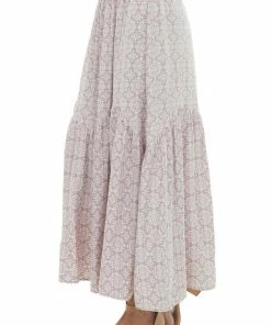 Ces Femme Dusty Rose Printed Tiered Woven Maxi Skirt Bottoms