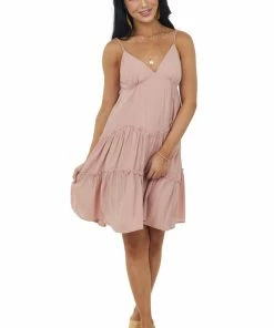 She + Sky Dusty Rose Sleeveless Tiered Babydoll Short Dress