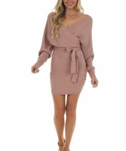 Style Melody Dresses Dusty Rose Surplice Ribbed Knit Sweater Dress