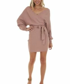Style Melody Dresses Dusty Rose Surplice Ribbed Knit Sweater Dress