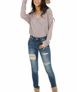 HOPELY Dusty Rose Waffle Knit Surplice Top With Criss Cross Detail Tops