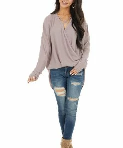 HOPELY Dusty Rose Waffle Knit Surplice Top With Criss Cross Detail Tops