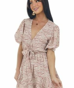 HYFVE Dusty Rose Zebra Ruffle Hem Front Tie Dress