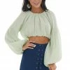 Emory Park Dusty Sage Long Bubble Sleeve Woven Crop Top Tops
