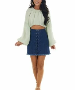 Emory Park Dusty Sage Long Bubble Sleeve Woven Crop Top Tops