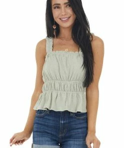 LE LIS Dusty Sage Peplum Knit Tank Top With Ruching Details Tops