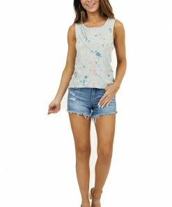 Twenty Second Tops Dusty Sage Splatter Paint Knit Tank Top With Hi Low Hemline