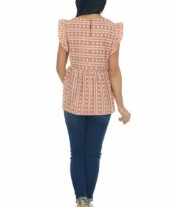 Umgee Dusty Salmon Embroidered Cap Sleeve Blouse Tops