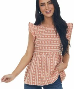 Umgee Dusty Salmon Embroidered Cap Sleeve Blouse Tops