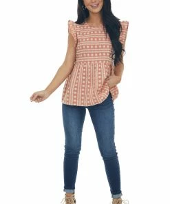 Umgee Dusty Salmon Embroidered Cap Sleeve Blouse Tops