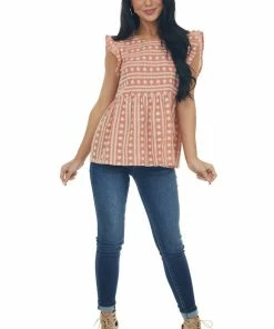 Umgee Dusty Salmon Embroidered Cap Sleeve Blouse Tops