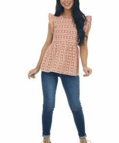 Umgee Dusty Salmon Embroidered Cap Sleeve Blouse Tops