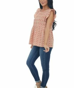 Umgee Dusty Salmon Embroidered Cap Sleeve Blouse Tops