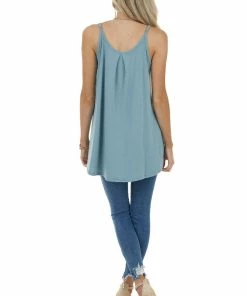ZENANA Dusty Teal Sleeveless Knit Top With Pleated Neckline Tops 24 ZENANA Dusty Teal Sleeveless Knit Top With Pleated Neckline Tops