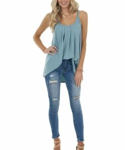 ZENANA Dusty Teal Sleeveless Knit Top With Pleated Neckline Tops