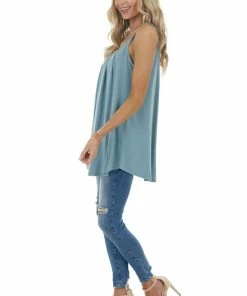 ZENANA Dusty Teal Sleeveless Knit Top With Pleated Neckline Tops 23 ZENANA Dusty Teal Sleeveless Knit Top With Pleated Neckline Tops