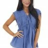 Do + Be Dusty Violet Babydoll Short Sleeve Plunging Neckline Top Tops