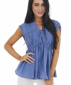 Do + Be Dusty Violet Babydoll Short Sleeve Plunging Neckline Top Tops