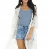Davi & Dani Kimonos Eggshell Floral Lace Sheer Kimono With Front Tie Detail