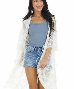 Davi & Dani Kimonos Eggshell Floral Lace Sheer Kimono With Front Tie Detail