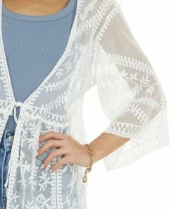Davi & Dani Kimonos Eggshell Floral Lace Sheer Kimono With Front Tie Detail 25 Davi & Dani Kimonos Eggshell Floral Lace Sheer Kimono With Front Tie Detail