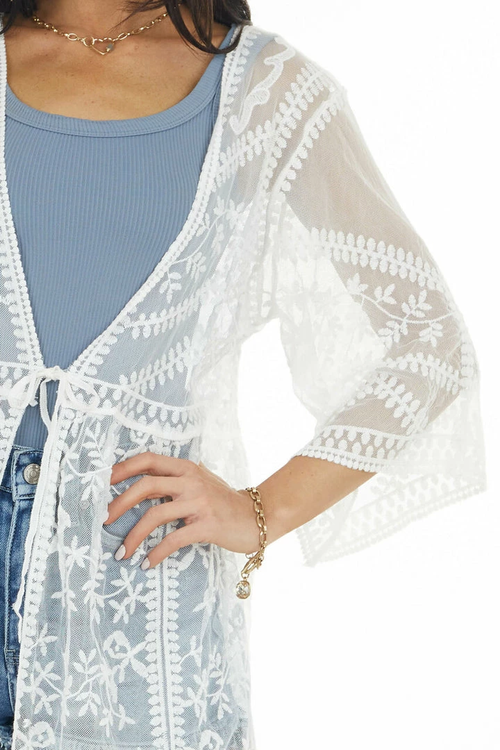 Davi & Dani Kimonos Eggshell Floral Lace Sheer Kimono With Front Tie Detail 10 Davi & Dani Kimonos Eggshell Floral Lace Sheer Kimono With Front Tie Detail