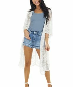 Davi & Dani Kimonos Eggshell Floral Lace Sheer Kimono With Front Tie Detail 21 Davi & Dani Kimonos Eggshell Floral Lace Sheer Kimono With Front Tie Detail