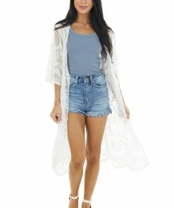Davi & Dani Kimonos Eggshell Floral Lace Sheer Kimono With Front Tie Detail 20 Davi & Dani Kimonos Eggshell Floral Lace Sheer Kimono With Front Tie Detail