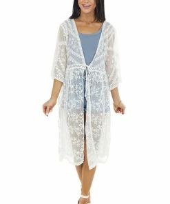 Davi & Dani Kimonos Eggshell Floral Lace Sheer Kimono With Front Tie Detail 22 Davi & Dani Kimonos Eggshell Floral Lace Sheer Kimono With Front Tie Detail