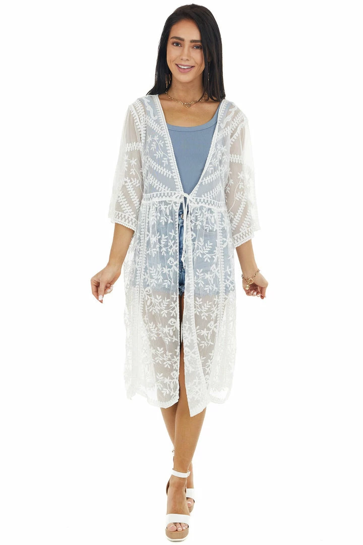 Davi & Dani Kimonos Eggshell Floral Lace Sheer Kimono With Front Tie Detail 7 Davi & Dani Kimonos Eggshell Floral Lace Sheer Kimono With Front Tie Detail