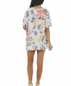 HOPELY Tops Eggshell Floral Print Short Sleeve Top With Cut Out Detail